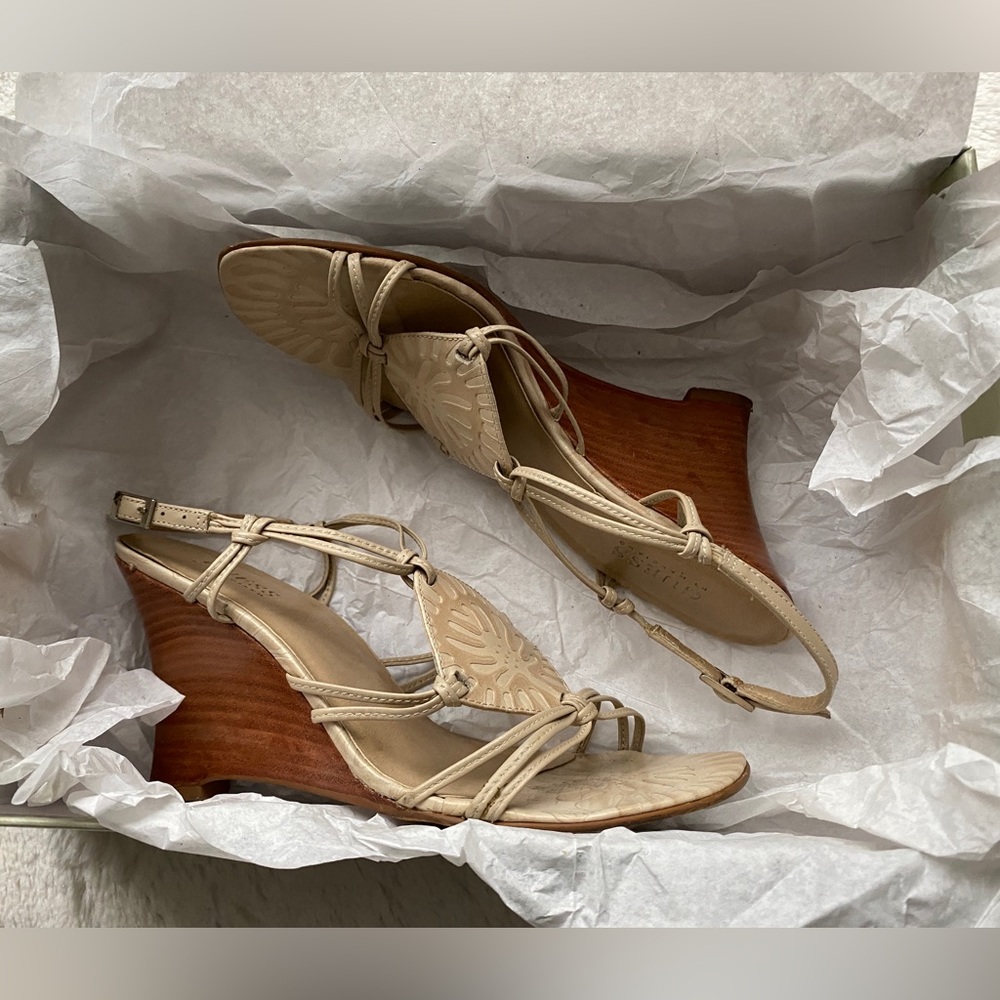 Guess by Marciano Cream Strappy Wood-Wedge Sandals